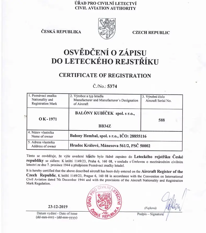 Osvědčení o letové způsobilosti OK-1971